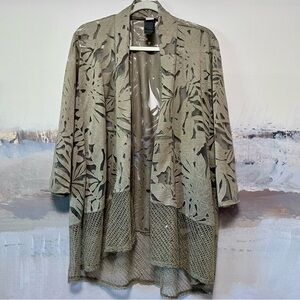 CHICO'S Travelers Open Cardigan 2 / L Green Palm BURNOUT Semi-Sheer Mesh Sequins